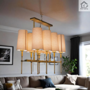 Elegant Chandelier with Fabric Shades, 8 Lights, Antique Brass Finish