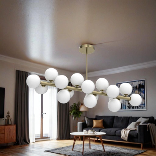 HL HOMELIGHTING Modern Linear Chandelier, 16 Glass Globe Lights, Brass Metal Finish, Horizontal Design - Image 6