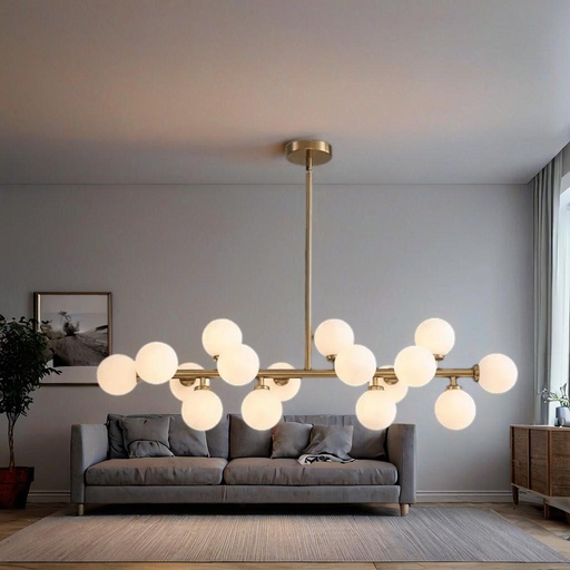 HL HOMELIGHTING Modern Linear Chandelier, 16 Glass Globe Lights, Brass Metal Finish, Horizontal Design - Image 3