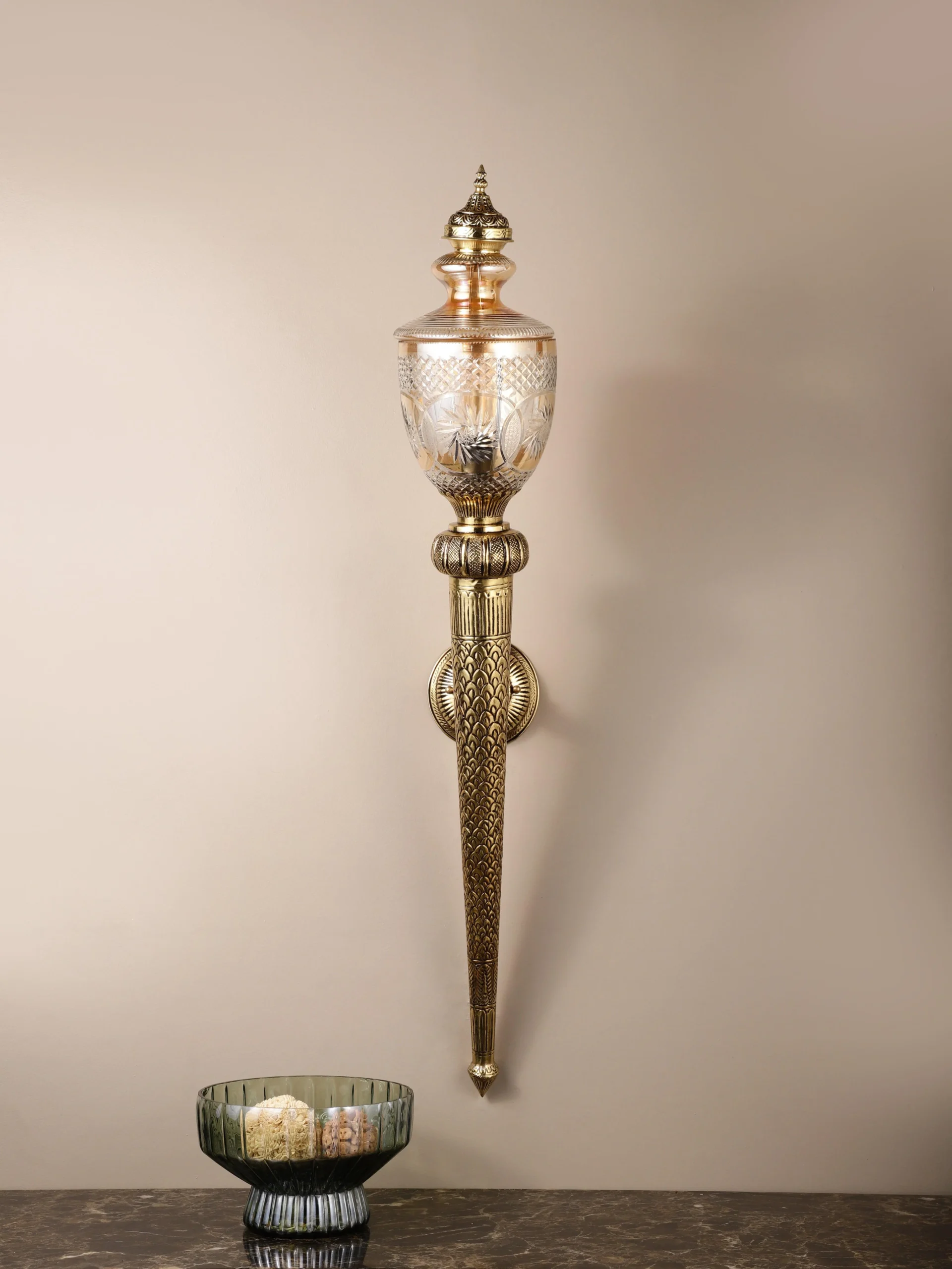Vintage Antique Brass Finish, Amber Glass Traditional Torch Design With Brass Hand Carving - Image 2