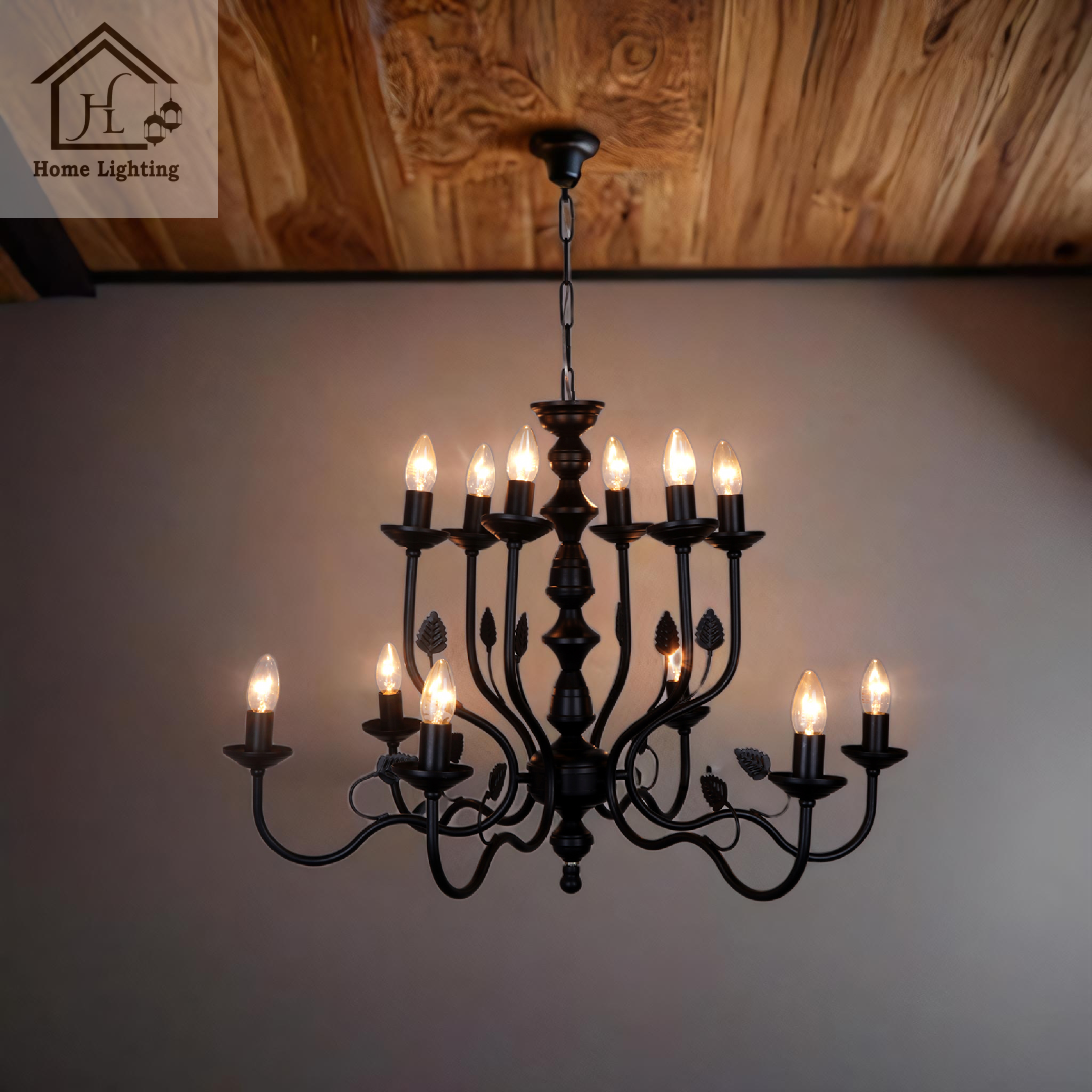 Vintage Style Black Iron Chandelier with 12 Candle Lights - Image 2