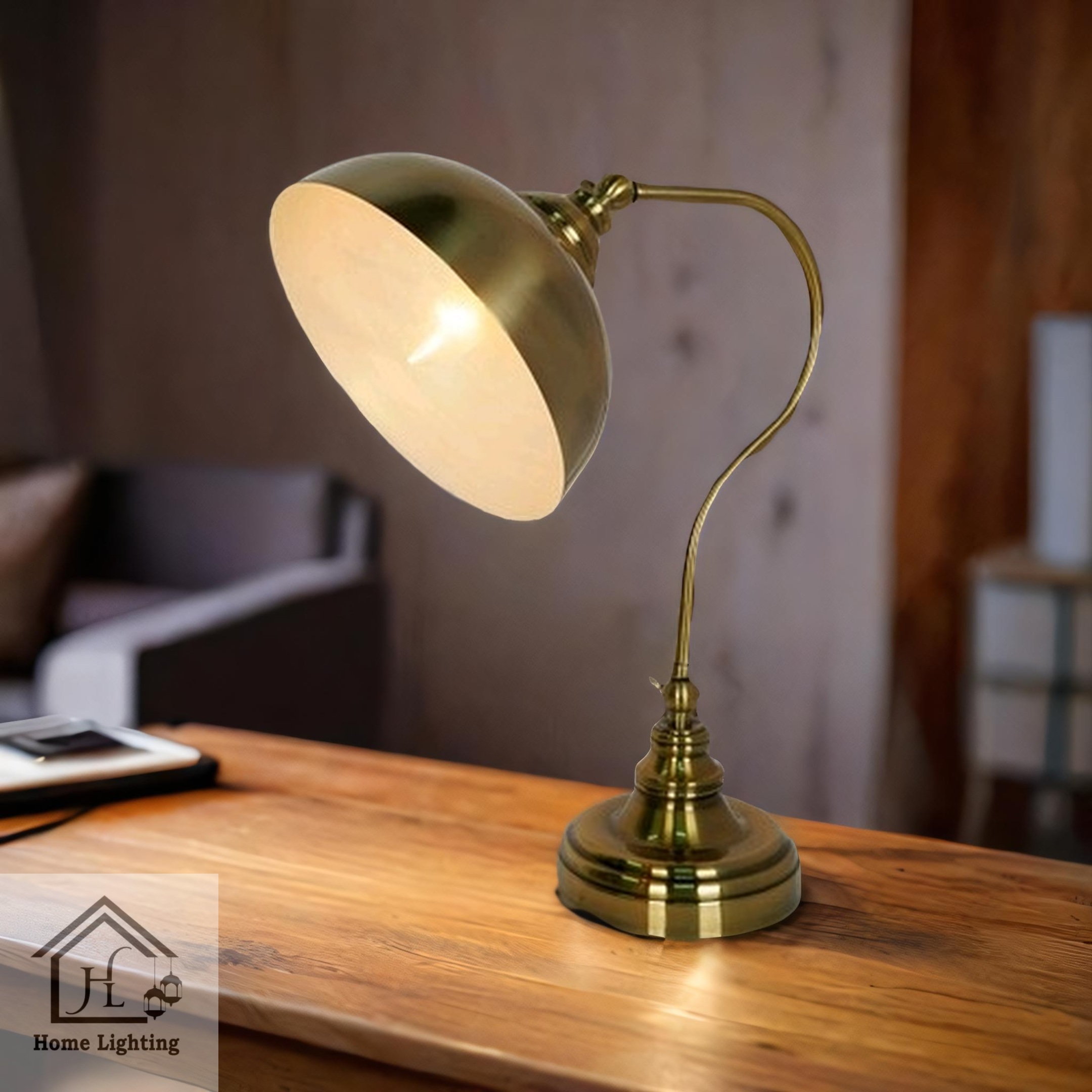 HL Home Lighting Vintage-Style Table Lamp with Brass Finish, Adjustable Shade