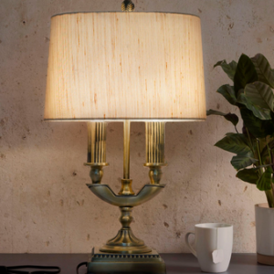 HL Home Lighting Traditional Table Lamp with Fabric Shade, 2-Light Brass Base, Antique Design