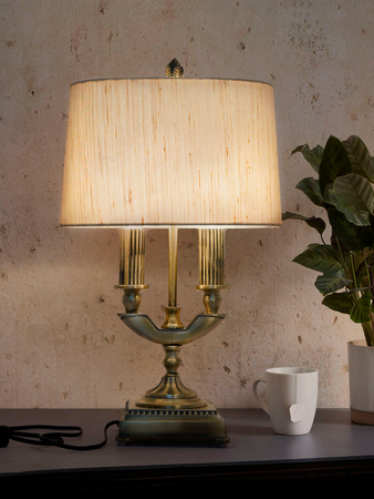 HL Home Lighting Traditional Table Lamp with Fabric Shade, 2-Light Brass Base, Antique Design