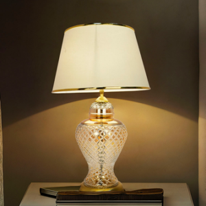 HL Home Lighting Glass Table Lamp with White Fabric Shade, Traditional Design, Gold Accents