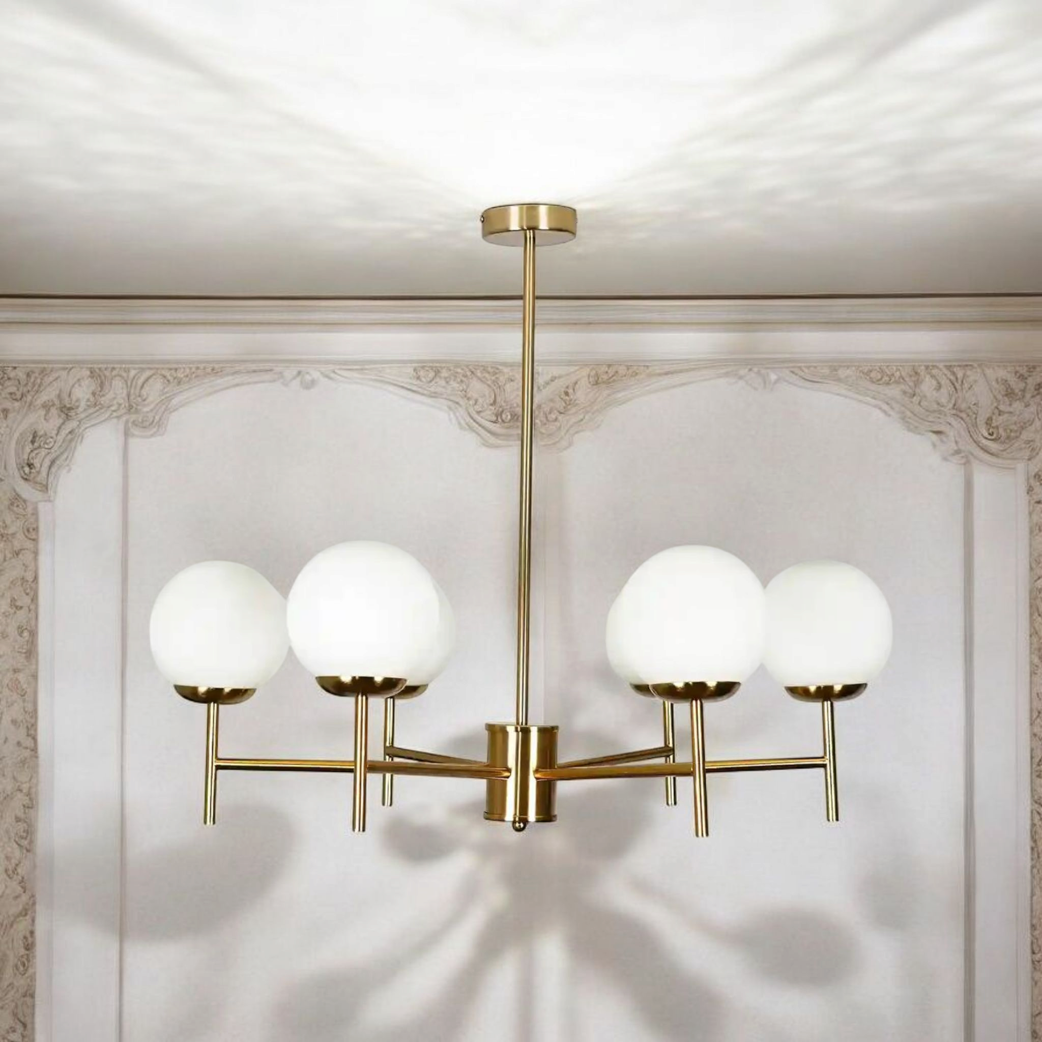 Modern Globe Chandelier, 5 Light Ceiling Light Fixture, Brass Finish with White Glass Shades