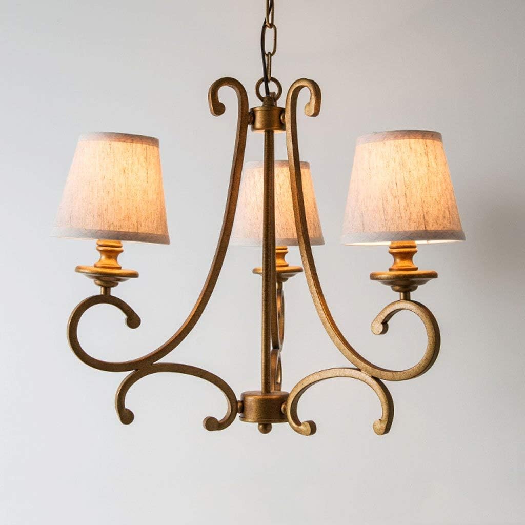 Vintage Style 3-Light Chandelier, Bronze Metal Frame with Fabric Shades, Traditional Scrollwork Design