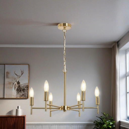 HL HOMELIGHTING Modern 6-Light Chandelier, Brass Finish, Candle Style Arms, Adjustable Chain - Image 4