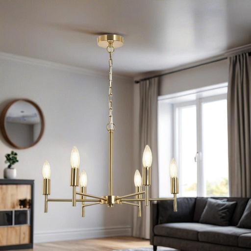 HL HOMELIGHTING Modern 6-Light Chandelier, Brass Finish, Candle Style Arms, Adjustable Chain - Image 3