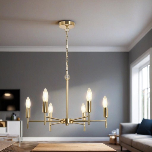 HL HOMELIGHTING Modern 6-Light Chandelier, Brass Finish, Candle Style Arms, Adjustable Chain