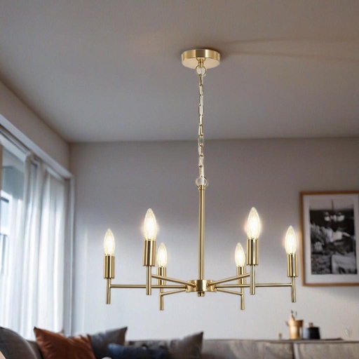 HL HOMELIGHTING Modern 6-Light Chandelier, Brass Finish, Candle Style Arms, Adjustable Chain - Image 2