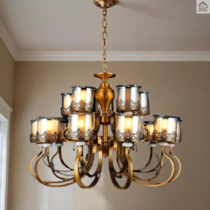 Vintage Style Chandelier, 12-Light, Bronze Gold Finish with Decorative Glass Shades, Double-Tier Design