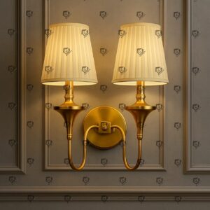 Gold Brass Wall Flash with Double Light White Fabric Shade